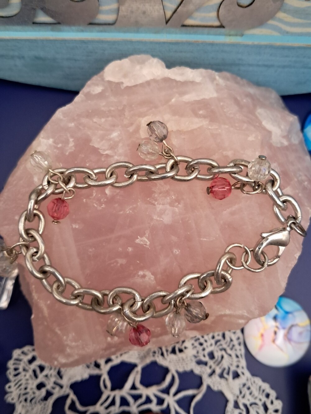 Faceted Acrylic Bead Cable Chain Dangle Bracelet (Silvertone)